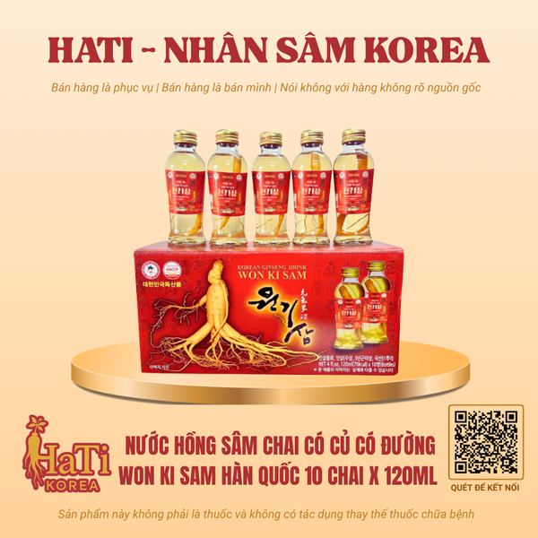 Nước Hồng Sâm Chai Có Củ Có Đường Won Ki Sam Hàn Quốc 10 Chai x 120ml