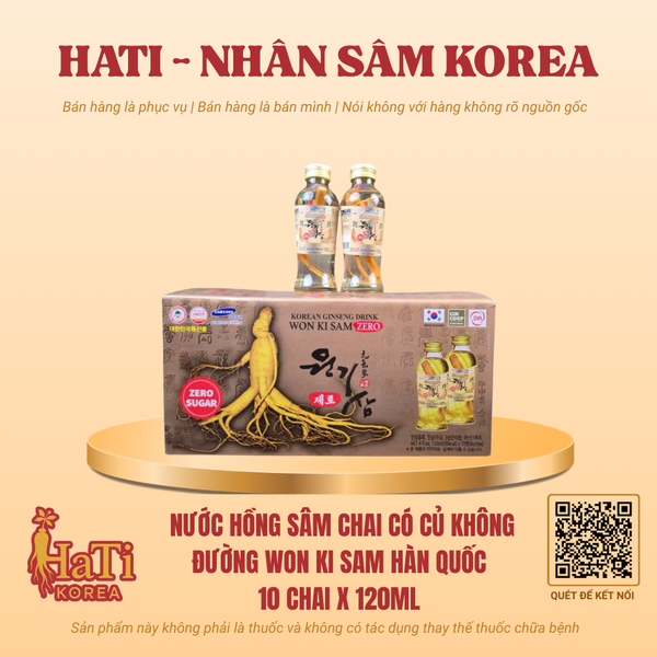 Nước Hồng Sâm Chai Có Củ Không Đường Won Ki Sam Hàn Quốc 10 Chai x 120ml